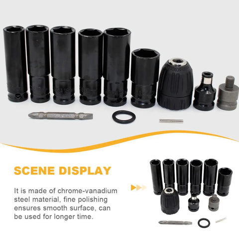 Heavy Duty Impact Socket Adapter Set Made From Rock Solid Chrome Vanadium Steel Built Tough For Pro Mechanics And Weekend Warriors Seeking Reliable Gear For Turbo Tight Custom Builds And Daily Shop Work displayed with various sizes of black chrome vanadium steel sockets.