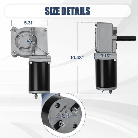 Size details of Heavy Duty 600W 60:1 Electric Tarp Motor For Dump Trucks Up To 28 Feet 12V DC With Chrome Housing Cover
