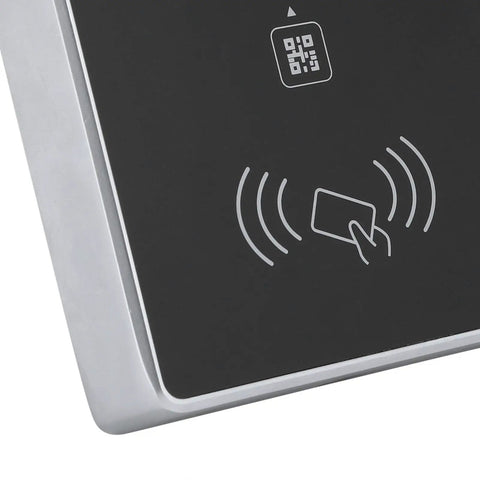 2D QR Access Control Card Reader And Barcode Scanner For Wiegand RS232 RS485 TTL with symbols on sleek black panel