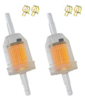 Two Pack Inline Fuel Filter 1/4x5/16 Inch With Clamps, Universal Fit, clear housing, shown with clamps, against white background.