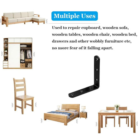 Tough As Nails Matte Black Stainless Steel L Brackets 3 By 3 Inch Heavy Duty Corner Braces used for furniture repair and support.