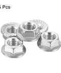 Rock Solid Left Hand Reverse Nuts M8x1.25mm 304 Stainless Steel Serrated Flange hardware five pack on a white background.