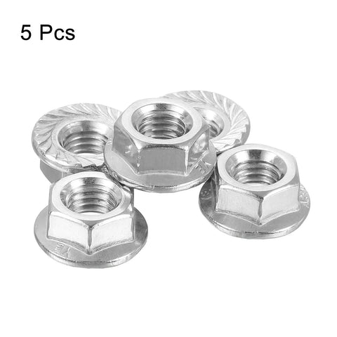 Rock Solid Left Hand Reverse Nuts M8x1.25mm 304 Stainless Steel Serrated Flange hardware five pack on a white background.