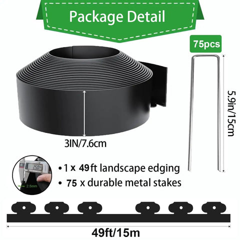 Landscape Edging Kit 49 Feet Long With 3 Inch Height Includes 75 Metal Stakes Flexible Plastic Lawn Border Package Detail