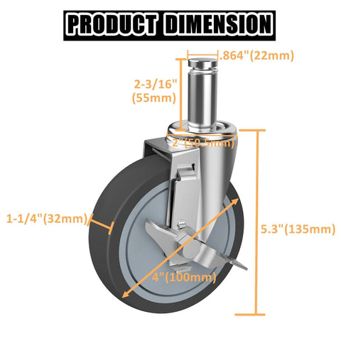 Detailed view of 4-Inch Caster Replacement Wheels Set Of 4 For Wire Shelving Racks And Scaffolding With Brake Heavy Duty Compatibility, with measurements.