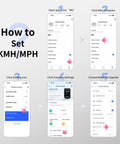 Color Screen Cycling Computer With Wireless GPS Navigation And Reroute Planning setup guide showing KMH/MPH settings on phone app interface.