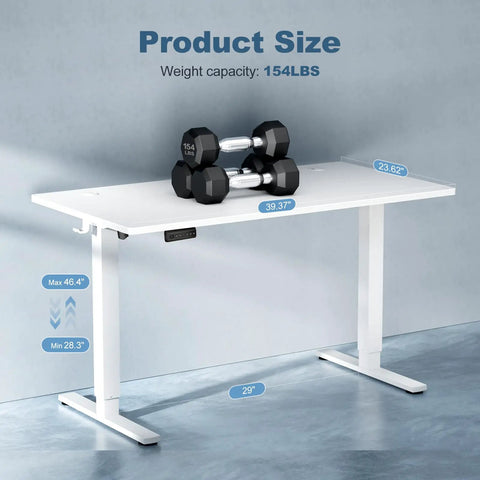 40 Inch Electric Standing Desk With Memory Presets, sit-to-stand height adjustable table, white, weight capacity 154 lbs