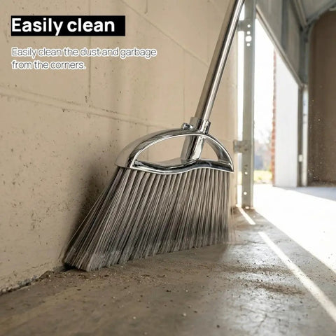 Heavy Duty Angle Broom Featuring Rigid Bristles And An Extended Handle That Smashes Through Stubborn Dirt And Leaves On Patios Garages And Commercial Floors Like Butter, cleaning corner debris.