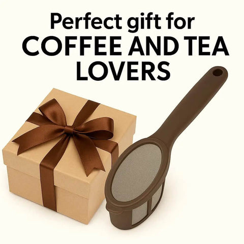 Two Pack Coffee Tea Brew Stick Infuser Reusable Filter Spoon With Fine Mesh BPA Free next to gift box with ribbon