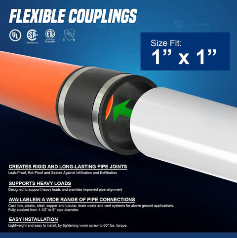 Flexible PVC Pipe Coupling 1.3 Inch Inner Diameter With Beefy Stainless Steel Clamps For 1 Inch Pipe DWV Piping Connection Pack Of 2