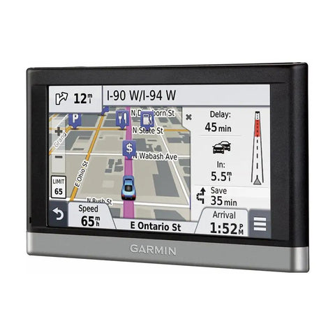 Portable Vehicle GPS with map on screen, showing directions and landmarks, dual orientation touchscreen for easy navigation.