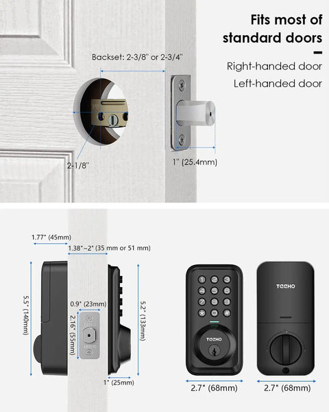 Installation guide for keypad door lock, showing dimensions and backset options. Keypad Door Lock With Keyless Entry Electronic Lock For Home Security Programmable 20 Access Codes And A One Time Guest Code Auto Lock Smart Lock For No Key Hassle Easy Safe Entry And Family Use.