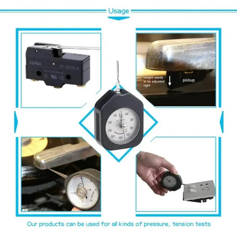 Dual Pointer Analog Tension Gauge For Precise Push And Pull Force Measurement From 30g To 500g With High Accuracy 0.02 N Wide Range Tension Gauge For Lab Shop And DIY Projects, black dial gauge in use