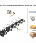 Badass Roundover Router Bit Set With Six Extra Guide Bearings And Heavy Duty Carbide Edge Forming Bits showing 1/4 inch shank router bits with different profiles.