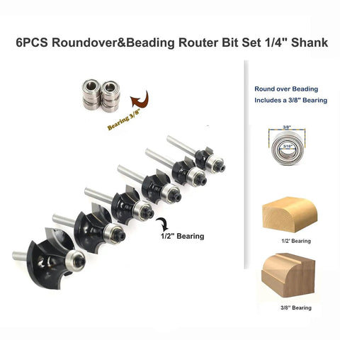 Badass Roundover Router Bit Set With Six Extra Guide Bearings And Heavy Duty Carbide Edge Forming Bits showing 1/4 inch shank router bits with different profiles.