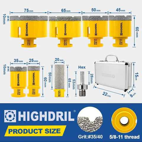 Diamond Drill Bits Kit For Porcelain Tile Ceramic Marble Concrete Vacuum Brazed Hole Saw Set With Five Eighths To Eleven Shanks Includes 25 35 45 50 65 75mm Core Bits And 20mm Finger Bits Drill Dry Or Wet visible with dimensions and metal case