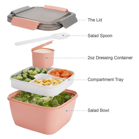 Salad To Go Containers 2 Pack 52 Ounce Bowls With Three Compartments For Dressings Snacks And Toppings Pink And Green Leakproof Lids Perfect For Meal Prep And On The Go