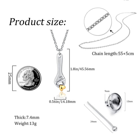 Mechanic Wrench Cremation Urn Necklace For Ashes Holder Pendant with dimensions, chain length, size comparison with quarter