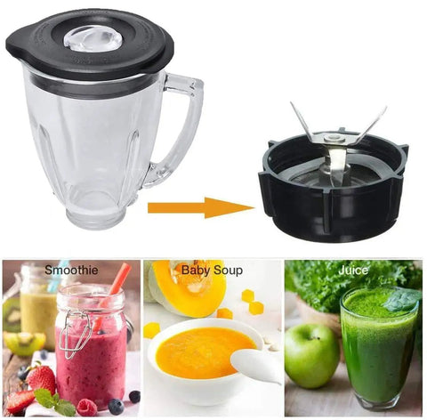 Replacement Glass Blender Jar For 6 Cup Blenders, 1.25 Liter Capacity, 48 Ounce Round Jar With Ice Blade, Bottom Cap Base