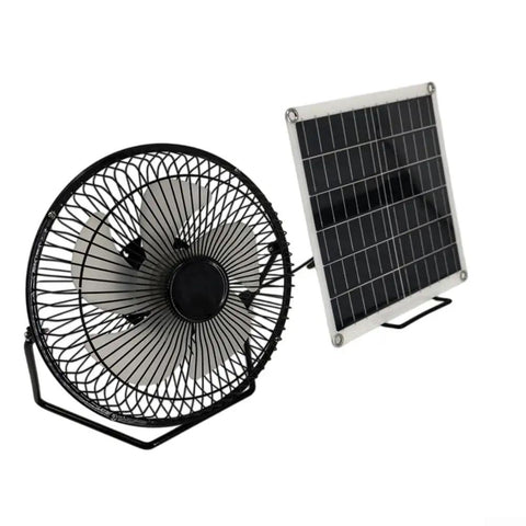 8-inch solar powered fan with USB power supply and solar panel for outdoor camping, RV, greenhouse, dog kennel, and trailer use