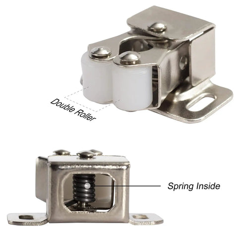 No Sweat Install Cabinet Door Catches, Double Roller Catch Latches with smooth white nylon rollers and spring loaded mechanism.