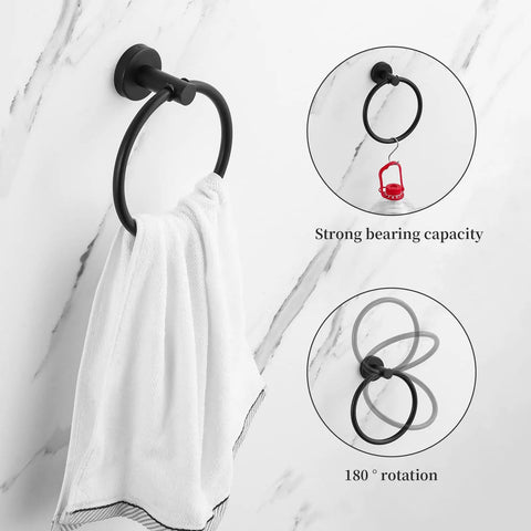 Matte Black Stainless Steel 10 Piece Bathroom Hardware Set With 2 16 Inch Towel Bars 4 Towel Hooks 2 Toilet Paper Holders And 2 Towel Rings For A Modern Dope Bathroom Setup That Boosts Style Functionality And Organization towel ring detail.