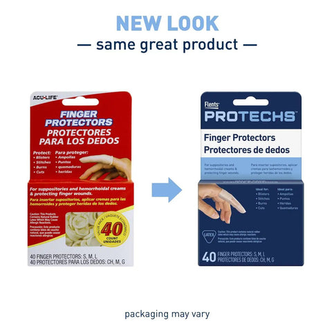 New packaging for Finger And Toe Protector Covers For First Aid, Durable Latex Shields To Guard Blisters Scrapes Burns, 40 Count