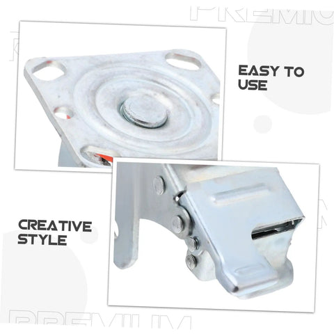 Rugged Steel Swivel Caster Bracket With Locking Brake And Four Inch Wheels For Heavy Machinery close-up of swivel mechanism and brake.