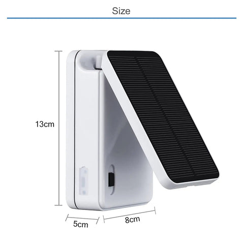 Side view of the Solar Powered Pond Aerator Pump Kit with Dual Charging Options, showing dimensions 13x8x5 cm.