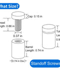Standoff screws dimensions: 0.98 inch total length, 0.74 inch barrel length, 0.15 inch cap for Top Tier Eight Pack Standoff Mounts.