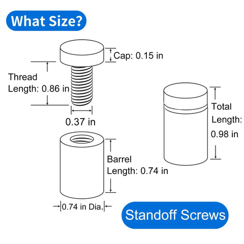 Standoff screws dimensions: 0.98 inch total length, 0.74 inch barrel length, 0.15 inch cap for Top Tier Eight Pack Standoff Mounts.
