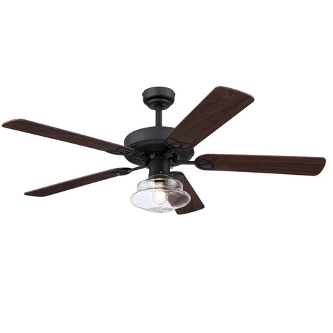 Vintage Style LED Ceiling Fan With Light, 52 Inch Matte Black Ceiling Fan With Clear Glass Schoolhouse Shade, Reversible Weathered Oak And Walnut Blades, Large Room Ready Up To 225 Sq Ft, Combo Mount.