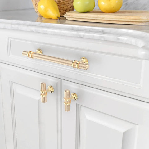 10 Pack 5 Inch Knurled Brushed Brass Cabinet Handles For Kitchen Cabinets And Drawers Gold Tone Hardware On White Drawer
