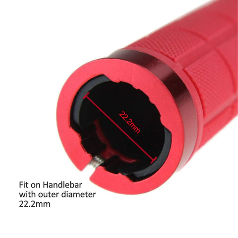 Close-up of Comfy Rubber Bike Handlebar Grips With Aluminum Alloy Core And Plastic End Caps, red, for 22.2mm diameter bar, non-slip design.