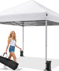 10x10 Pop Up Canopy Tent With Instant One Button Setup Carry Bag Four Sandbags And Eight Stakes Lightweight Outdoor Shade For Parties, Camping, Markets And Events White