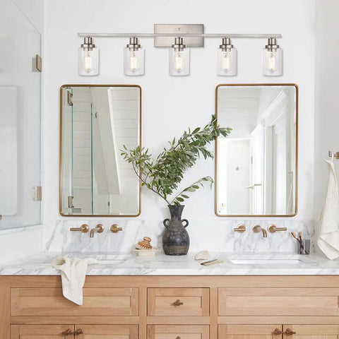 40 Inch Brushed Nickel Vanity Light Over Mirror Five Light Industrial Sconce Wall Lamp With Seeded Glass Shades in bathroom