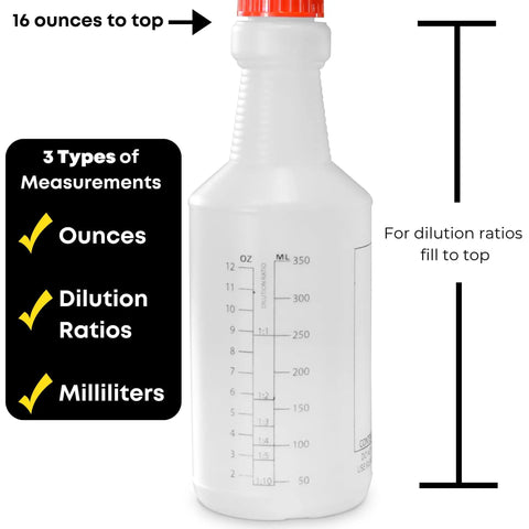 Boss Grade 16 Oz Spray Bottles 4 Pack With Dilution Ratios And Ounces To Milliliters Made In USA, front view with measurement marks