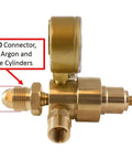 Side view of industrial argon regulator and flowmeter for MIG and TIG weld rigs with five foot hose, dual gauges, CGA-580 connector.