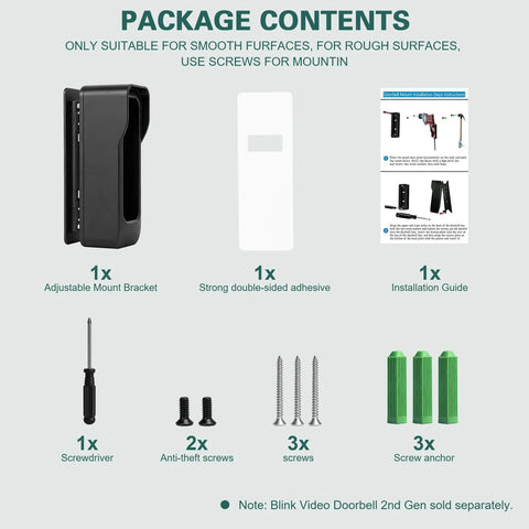 Package contents of Adjustable 45 Degree Wall Mount Bracket for 2025 Video Doorbell Gen 2 with Weather Cover including screws and adhesive.