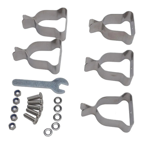 Rock Solid Heavy Duty Window Well Cover Clamps Plus Spring Clips Crafted From Cold Rolled Steel With Zinc Plating For Corrugated Metal And Plastic Wells Perfect For Any Outdoor Job Site To Secure Covers Tight and Tough 5 Pack, hardware kit with screws and wrench