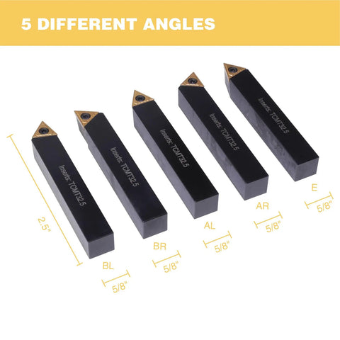 5/8 Inch Indexable Turning Tool Set With TCMT Carbide Inserts, 5 tools shown, labeled angles, for metalworking lathe precision cutting.
