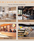 Four scenarios showing Electric Espresso Knock Box With Automatic Portafilter Cleaner And Dual Scraper System for home, coffee shop, beverage shop, and supermarket.