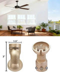 Sloped Ceiling Fan Adapter for 0 to 45 Degree Ceilings, black mounting bracket kit shown on vaulted ceiling with measurement details