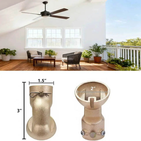Sloped Ceiling Fan Adapter for 0 to 45 Degree Ceilings, black mounting bracket kit shown on vaulted ceiling with measurement details