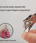 Soft Grip Hole Punch Set With Two Handy Mini Punches In One Quarter Inch And One Eighth Inch, pink handle, close-up view.