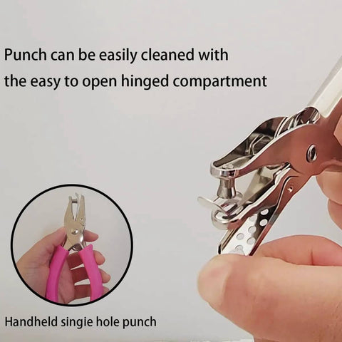 Soft Grip Hole Punch Set With Two Handy Mini Punches In One Quarter Inch And One Eighth Inch, pink handle, close-up view.