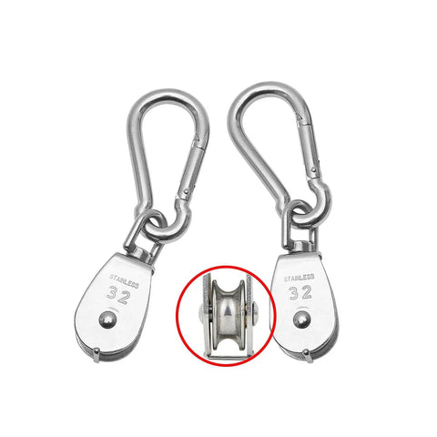 Two Pack M32 Stainless Steel Swivel Pulley Block With Carabiners, Built Tough Heavy Duty Lifting Pulley System, 250kg Load Capacity