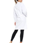 Rear view of a unisex 40 inch lab coat with long sleeves, white professional medical coat, adjustable back belt, worn by a model.