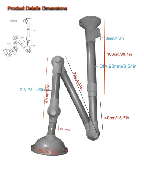 Heavy Duty Ceiling Mounted Fume Extractor With Slick 360 Degree Adjustable Arms dimensions in gray, showing adjustable lengths and hood size.