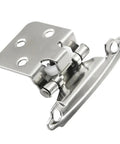 Close-up of a durable stainless steel self closing cabinet hinge with hydraulic buffer for easy installation.